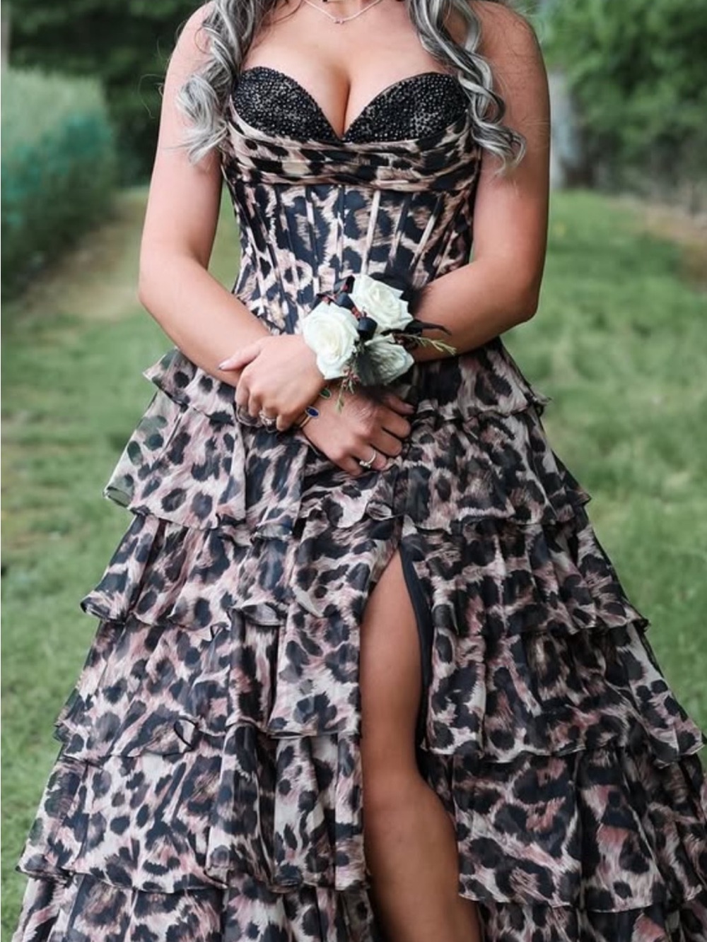 Leopard Print Tiered Maxi Skirt with Front Slit - Brown/Black